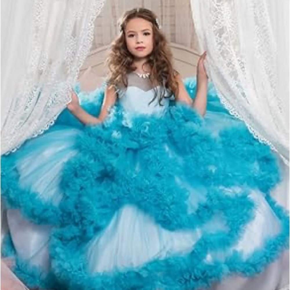 Elegant Blue and White Ruffled Gown flower girl wedding guest